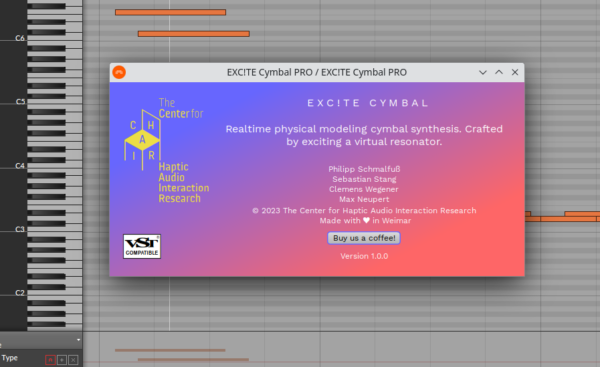 Screenshot of EXC!TE CYMBAL PRO in Bitwig - Credits